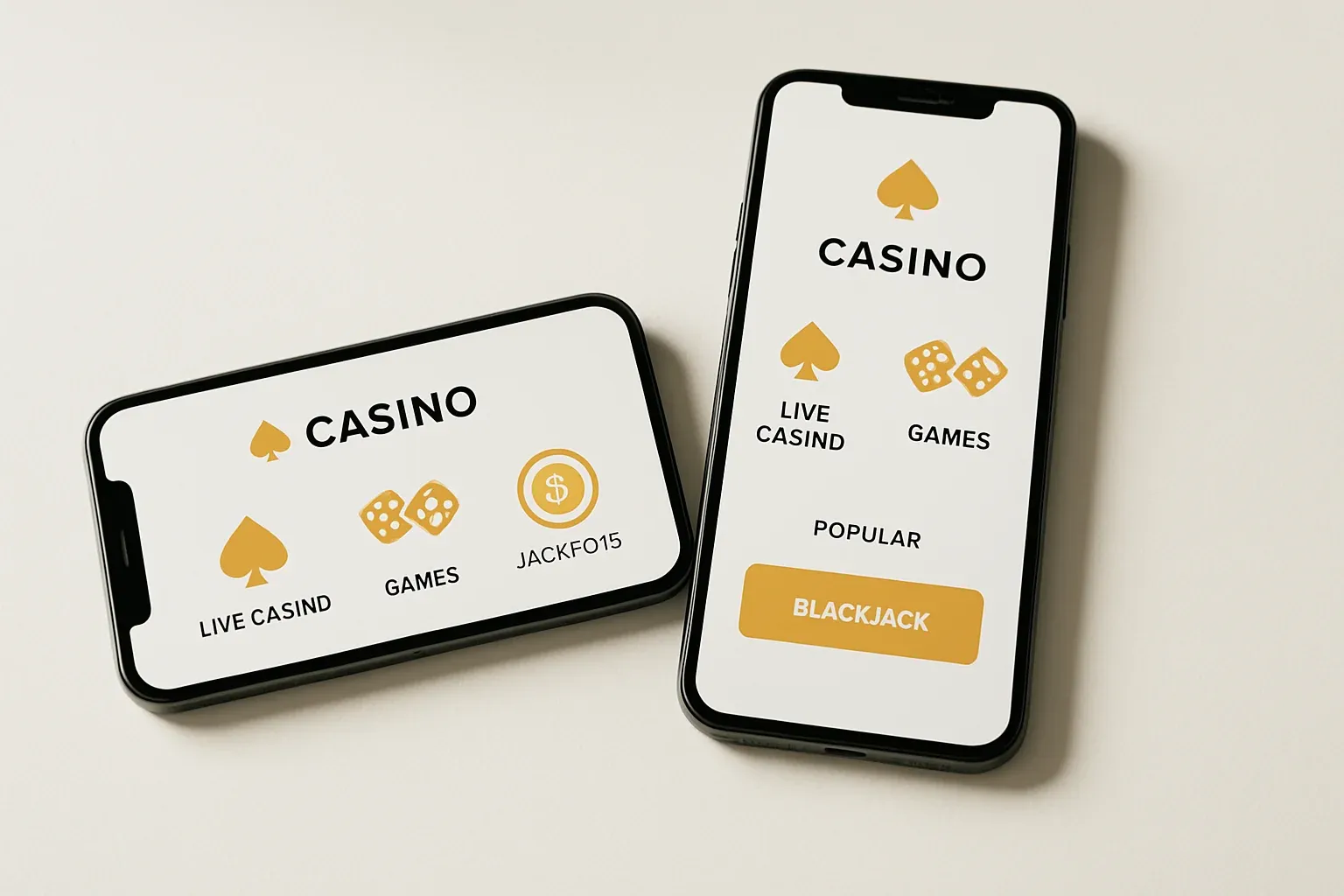 Casino App Phones Two smartphones displaying a clean light casino app on white surface