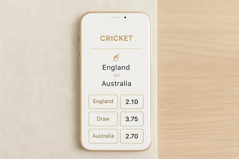 Modern phone screen showing cricket match betting odds in white and gold UI