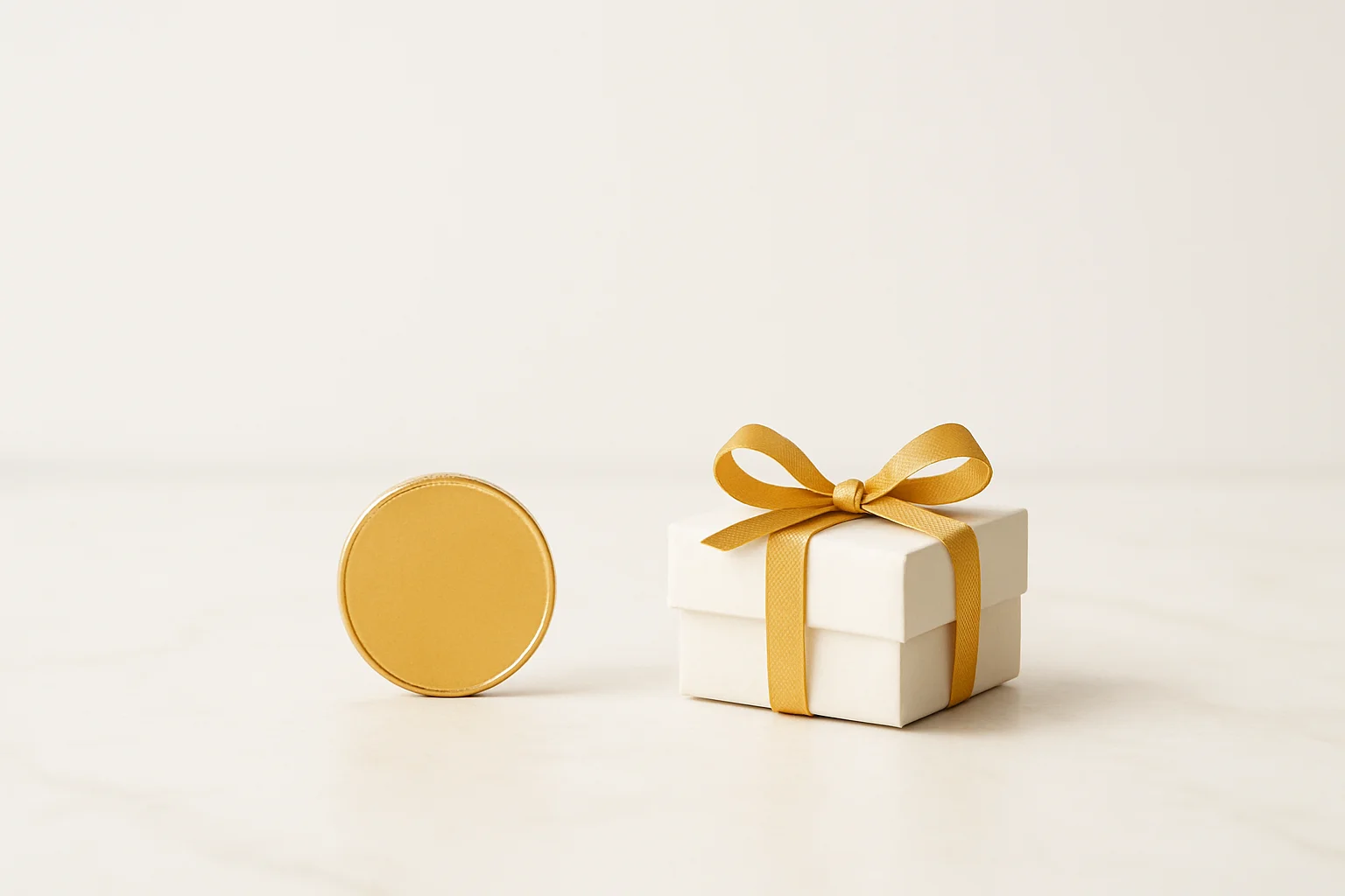 Minimalist Bonus Concept Single gold coin beside small unwrapped gift box on marble surface