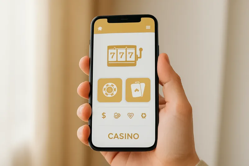 Hand holding smartphone with clean light-themed casino interface in warm lighting