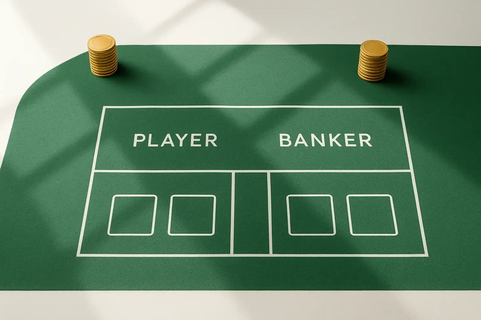 Live Baccarat Table Overhead live baccarat table with gold chip towers and geometric shadows